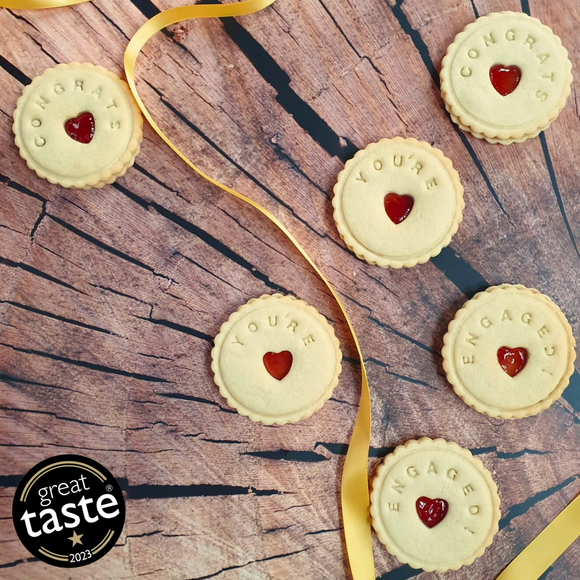 Six fresh and inviting Jam Engagement biscuits from The Biskery, a delightful Engagement gift.