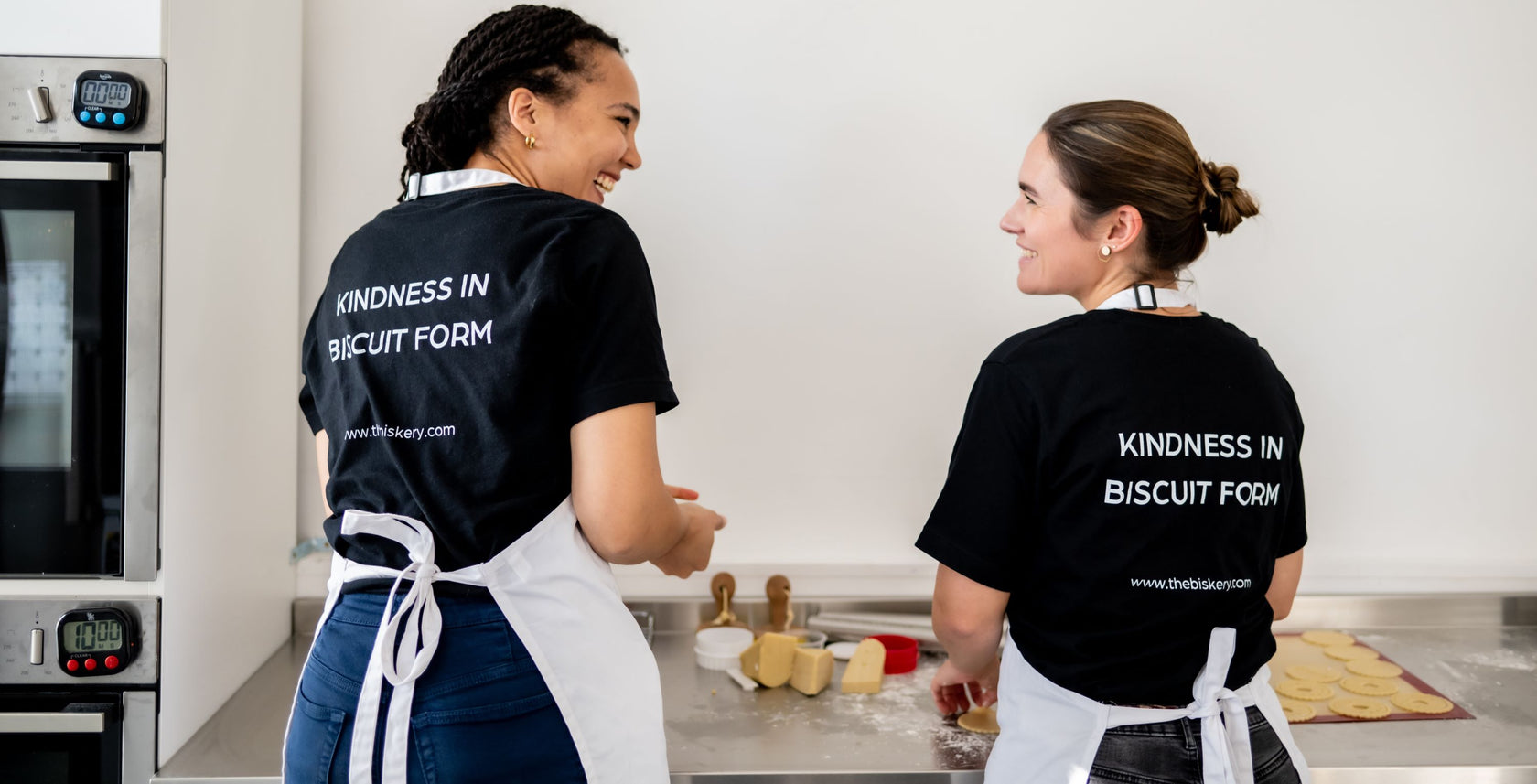 Co-founders Saskia and Lisa baking biscuits at The Biskery.