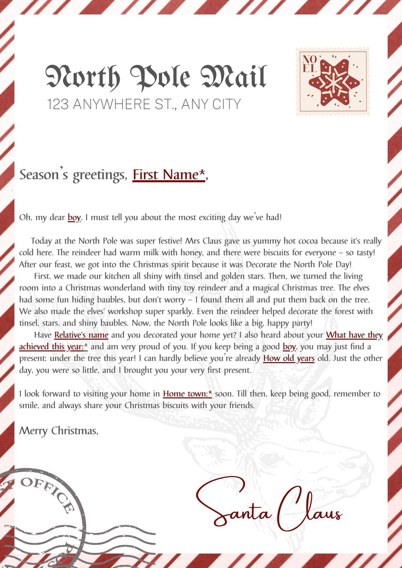 Personalized letter from Santa Claus, with a red ribbon and a candy cane.