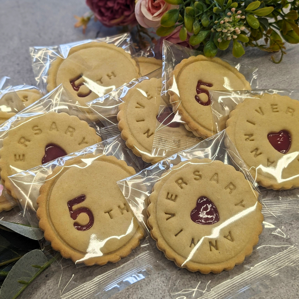 Individually wrapped anniversary biscuits