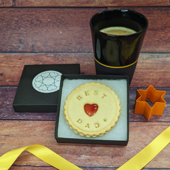 Individual 'Best Dad' Biscuit in the Box with a cup of tea