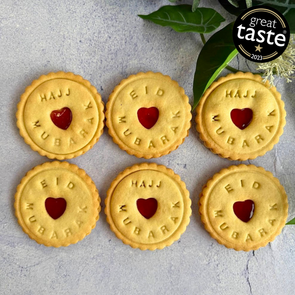 Eid & Hajj Mubarak Jam Cookies– handmade shortbread with heart-shaped jam centre, perfect for festive gifting and celebrations.