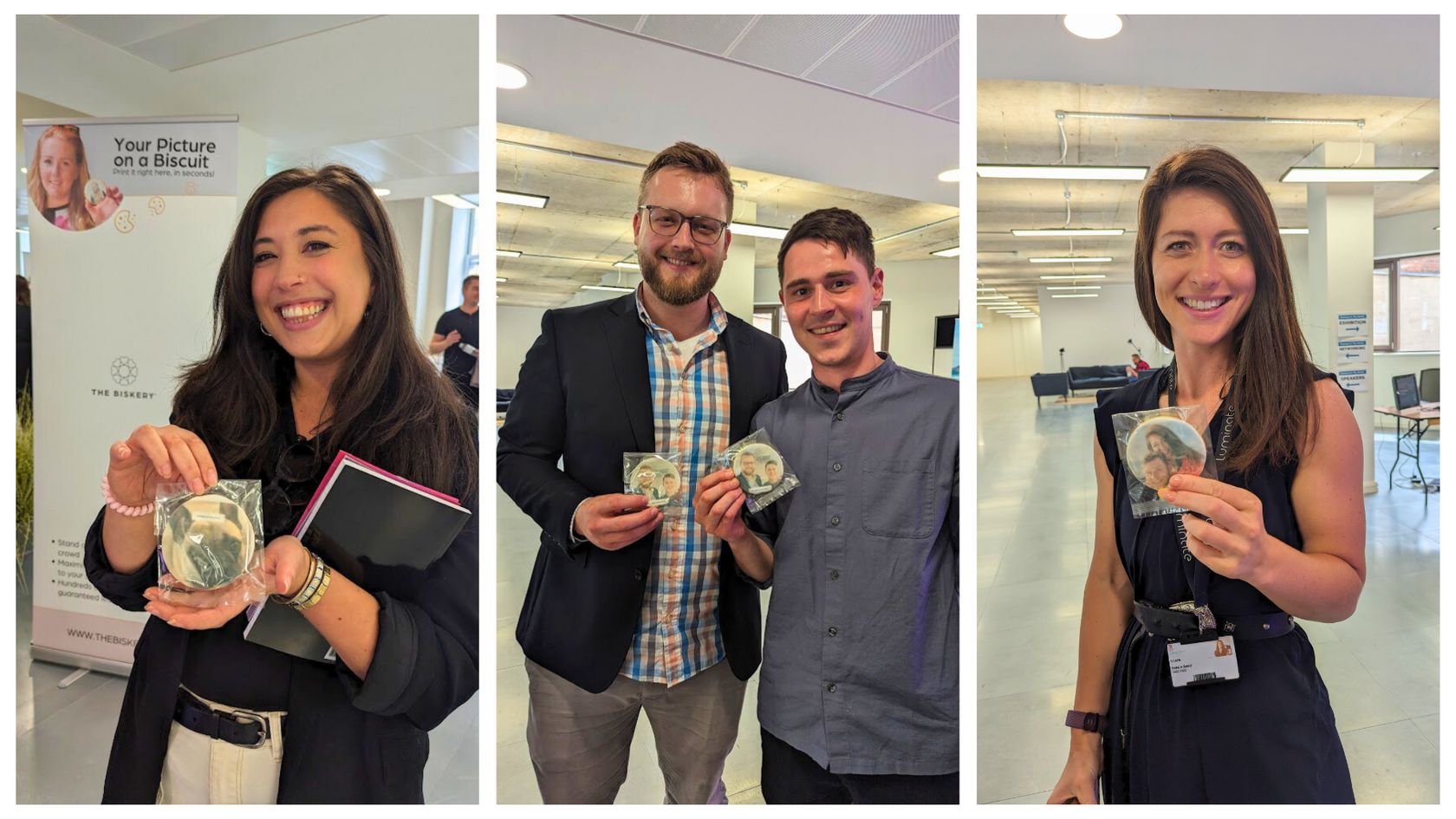 Smiling people with their photo biscuits in their hands. From an Exhibition_Biscuits_printing networking event