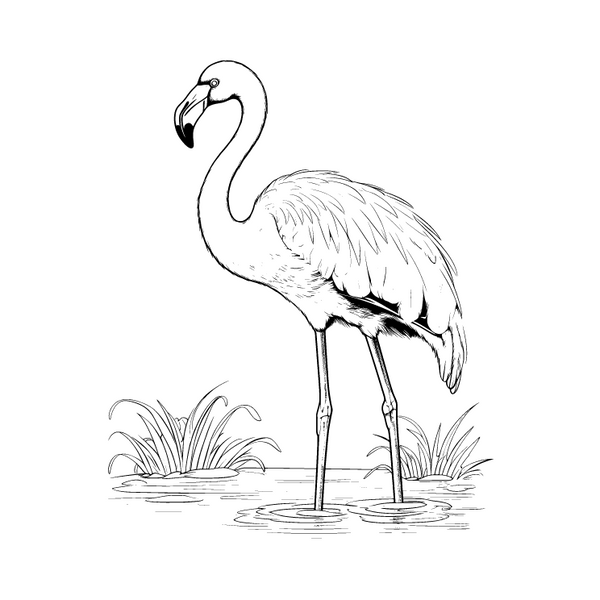 Black and white Flamingo, perched on a white background.
