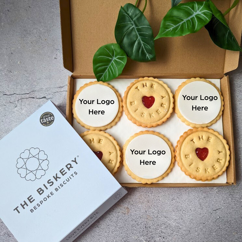Gift box of 6 branded cookies: 3 jammy  & 3 with "The Biskery" logo.