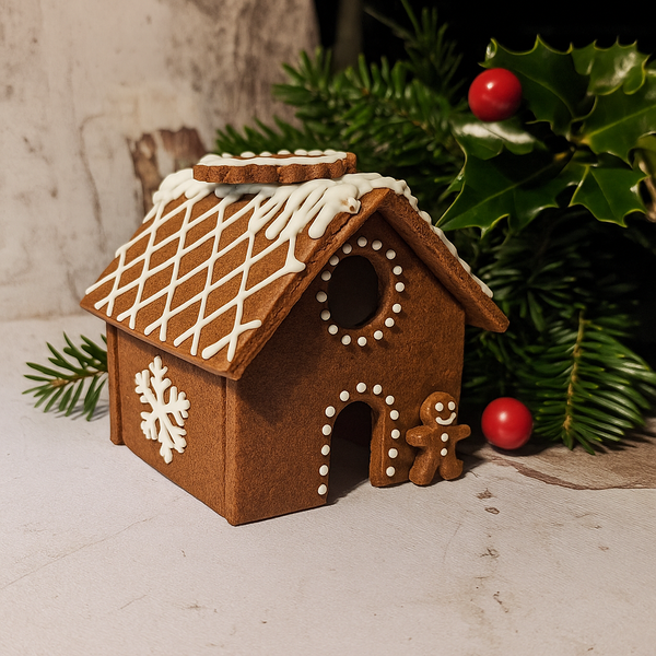 Small gingerbread house decorated with white icing and gingerbread men, placed on a table beside a pile of biscuits