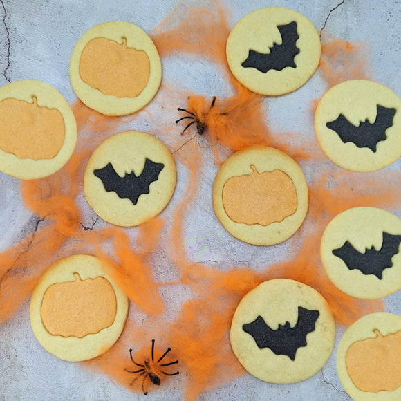 Halloween butter biscuit stack with pumpkins and bats from The Biskery, perfect for a spooky treat