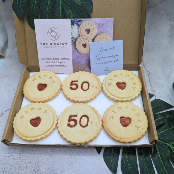  50th Birthday biscuits in the box from The Biskery