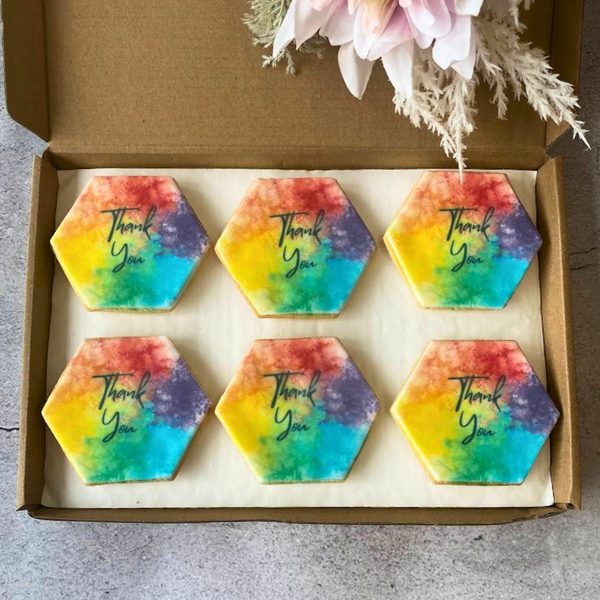Box of six Hexagon-shaped iced biscuits decorated with colourful "Thank You" messages