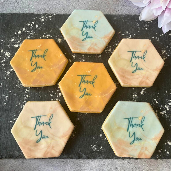 Box of six Hexagon-shaped iced biscuits decorated with colourful "Thank You" messages