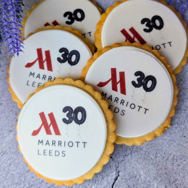 Leeds Marriott branded biscuits with 30 anniversary artwork printed on them