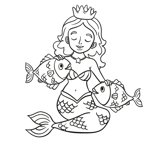 Black and white Mermaid, perched on a white background.