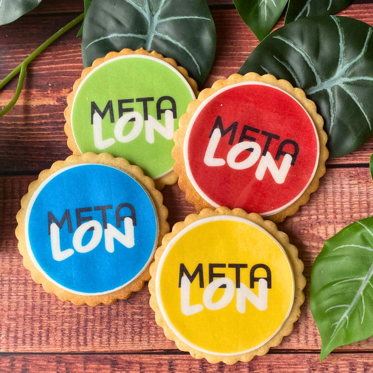 Meta branded logo biscuits in red blue, yellow and green