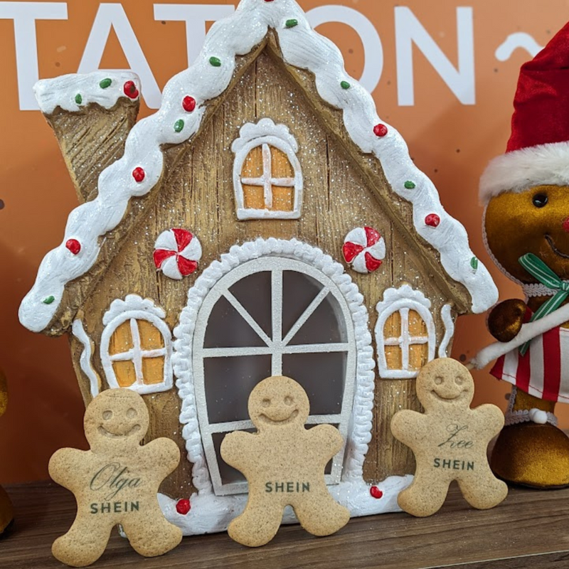 3 Personalised Gingerbread men with names printed on them. set in front of a gingerbread house.