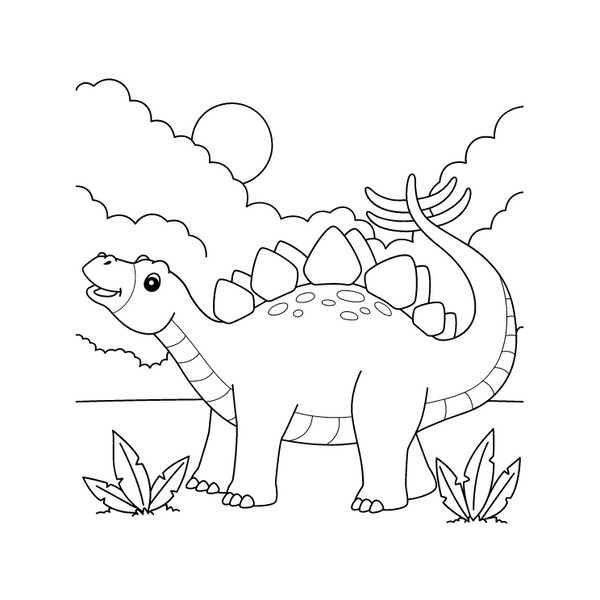 Black and white Stegosaurus, perched on a white background.