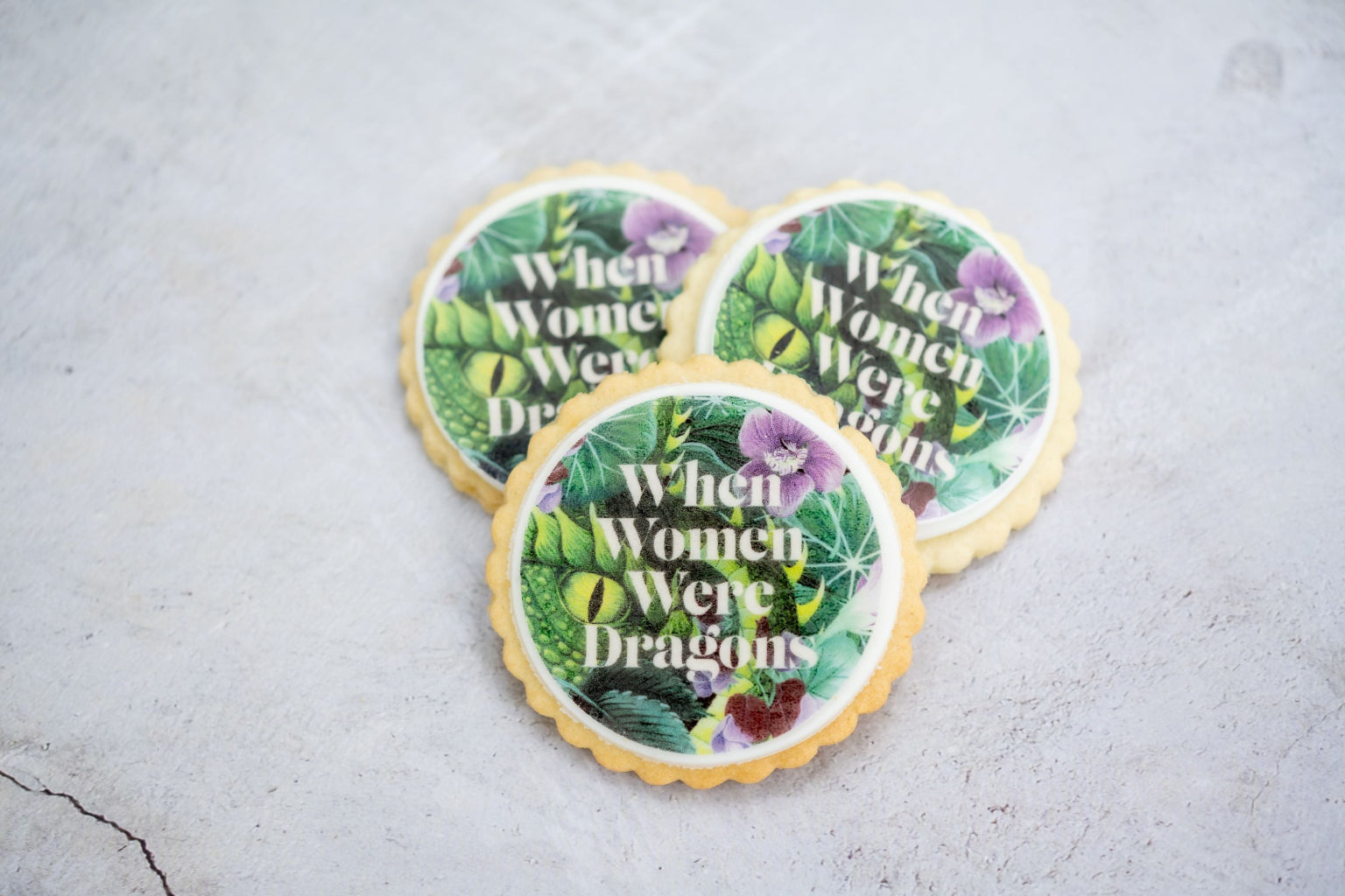 Round fluted book cover biscuits When Women Were Dragons.