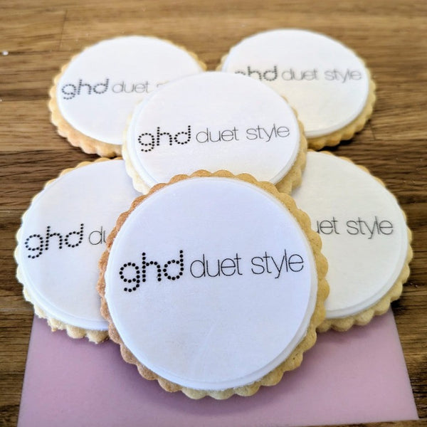 GHD duet Style branded Company logo cookies made by The Biskery