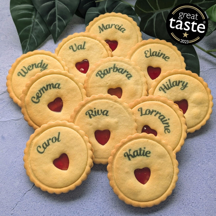 Personalised Printed Jam Biscuits. 11 biscuits with team members' names printed on them - The Biskery