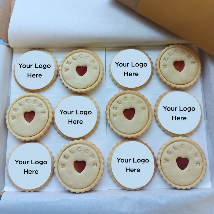  Welcome Branded box of 12 biscuits  with personalised logo biscuits and welcome jam biscuits