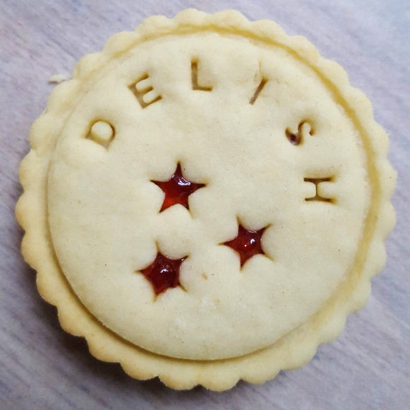 Single Impressed Branded Jam biscuit with the word Delish